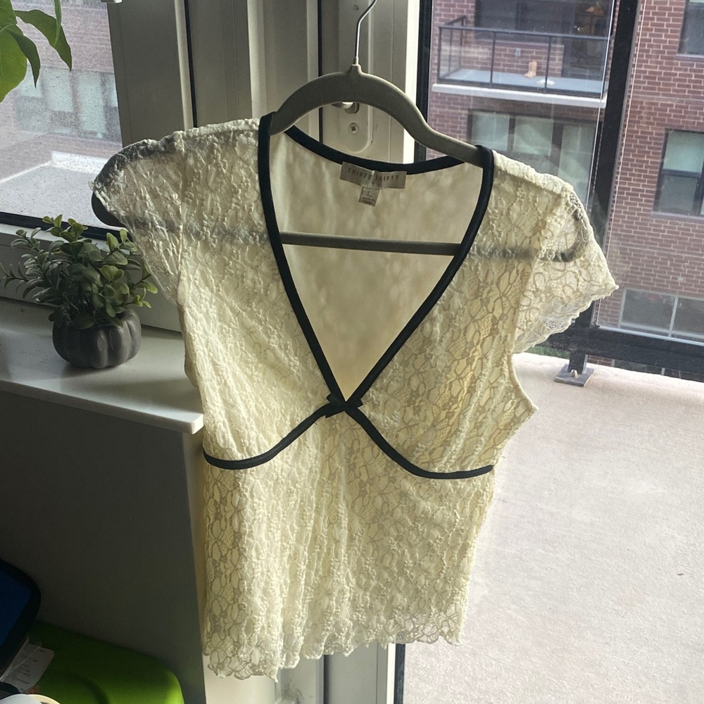 Vintage Cream Lace Blouse with Black Trim